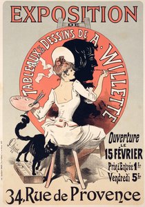 Reproduktion av en affisch som annonserar en "Utställning av målningar och teckningar av A. Willette (1857-1926), Rue de Provence, 1888